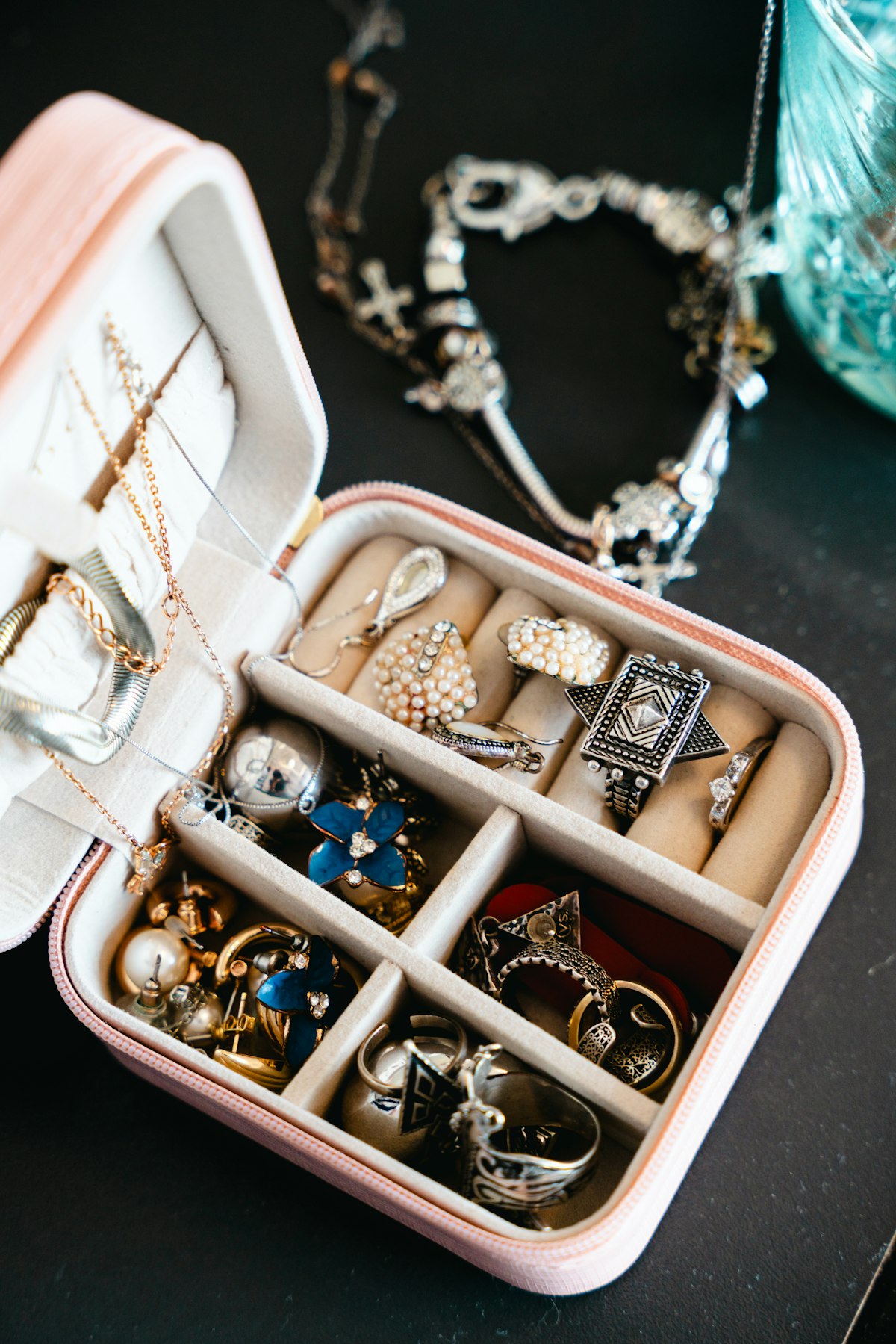 Jewelry pieces arranged in a presentation box