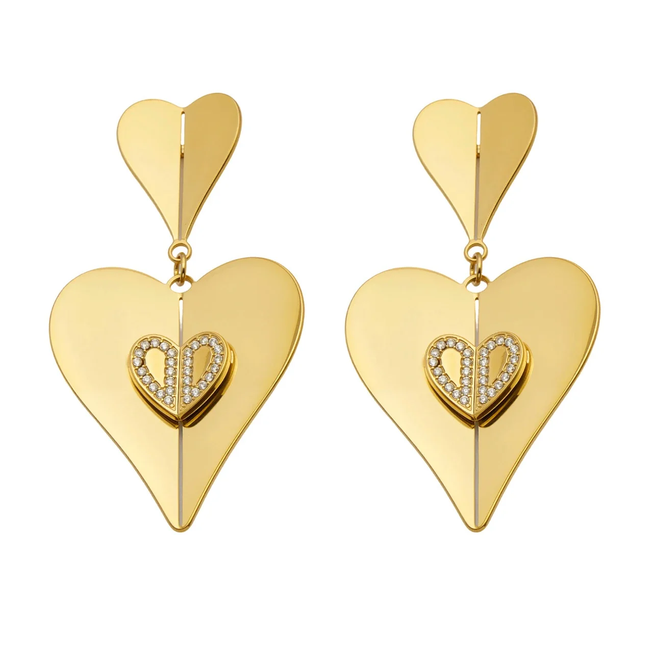Orecchini a Pendente Doppio Cuore Scultorei con CZ in Acciaio Inossidabile 316L Placcato Oro 18K - PVD