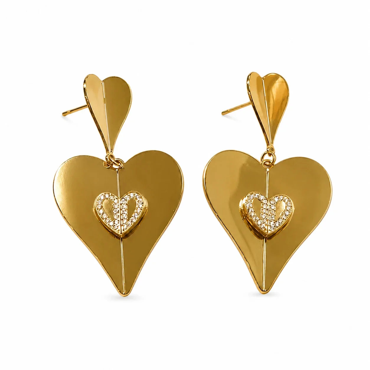 Foto del producto: Pendientes de Acero Inoxidable Colgantes de Doble Corazón, Chapados en Oro de 18K con Circonita Cúbica - 316L - PVD