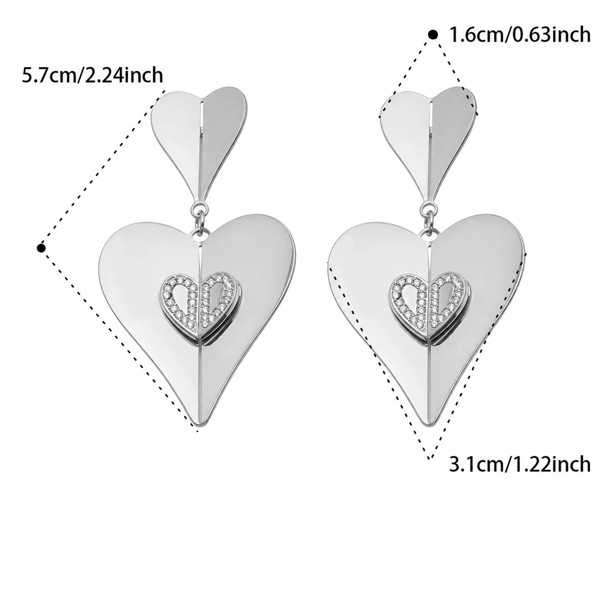 Foto del producto: Pendientes de Acero Inoxidable Colgantes de Doble Corazón, Chapados en Oro de 18K con Circonita Cúbica - 316L - PVD