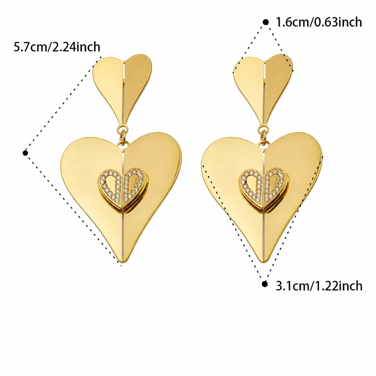 Foto del producto: Pendientes de Acero Inoxidable Colgantes de Doble Corazón, Chapados en Oro de 18K con Circonita Cúbica - 316L - PVD