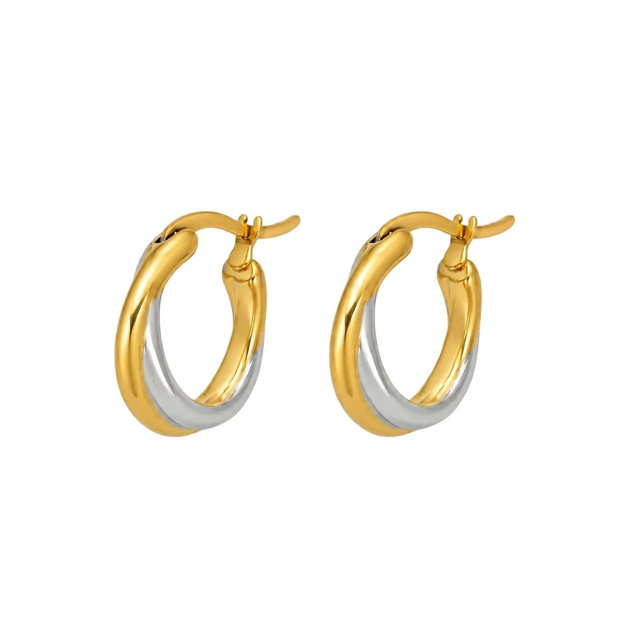 Hoop Earrings, Twisted Two-Tone Stainless Steel Gold PVD