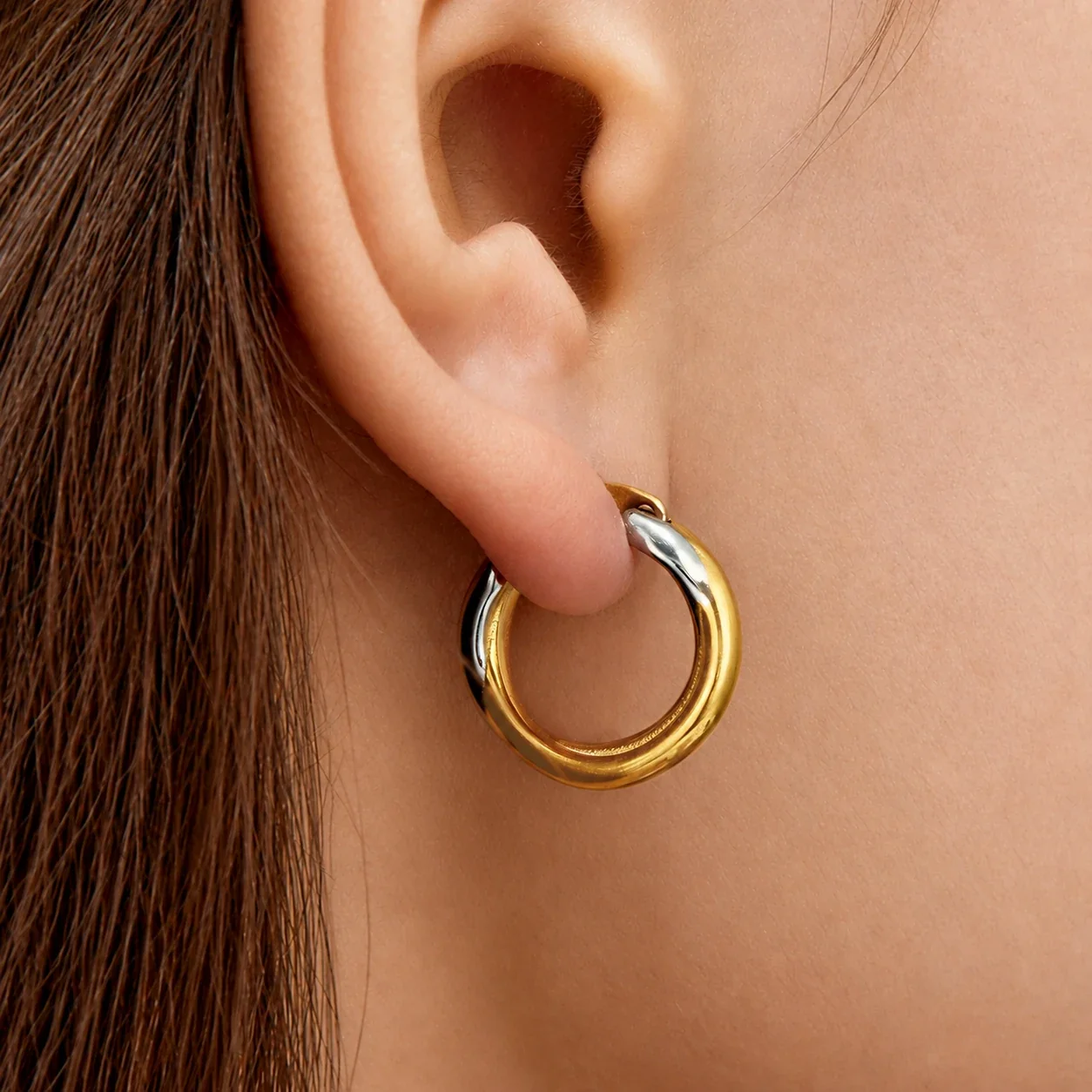 Hoop Earrings, Twisted Two-Tone Stainless Steel Gold PVD