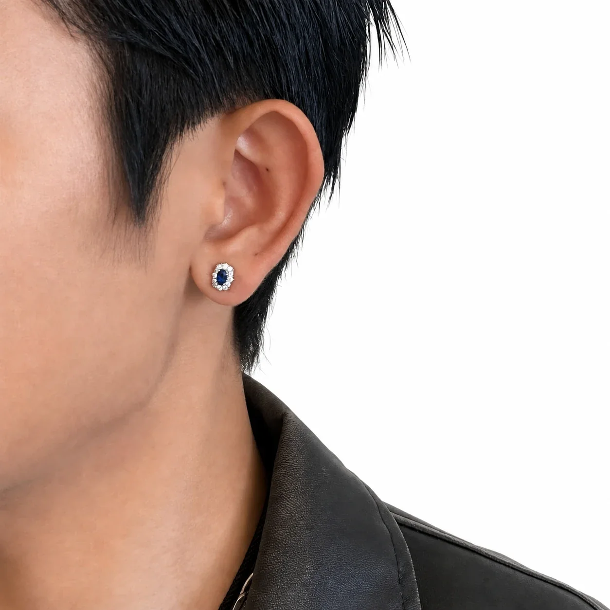 Sleek Silver-Plated Stainless Steel Blue Oval Halo Stud Earrings