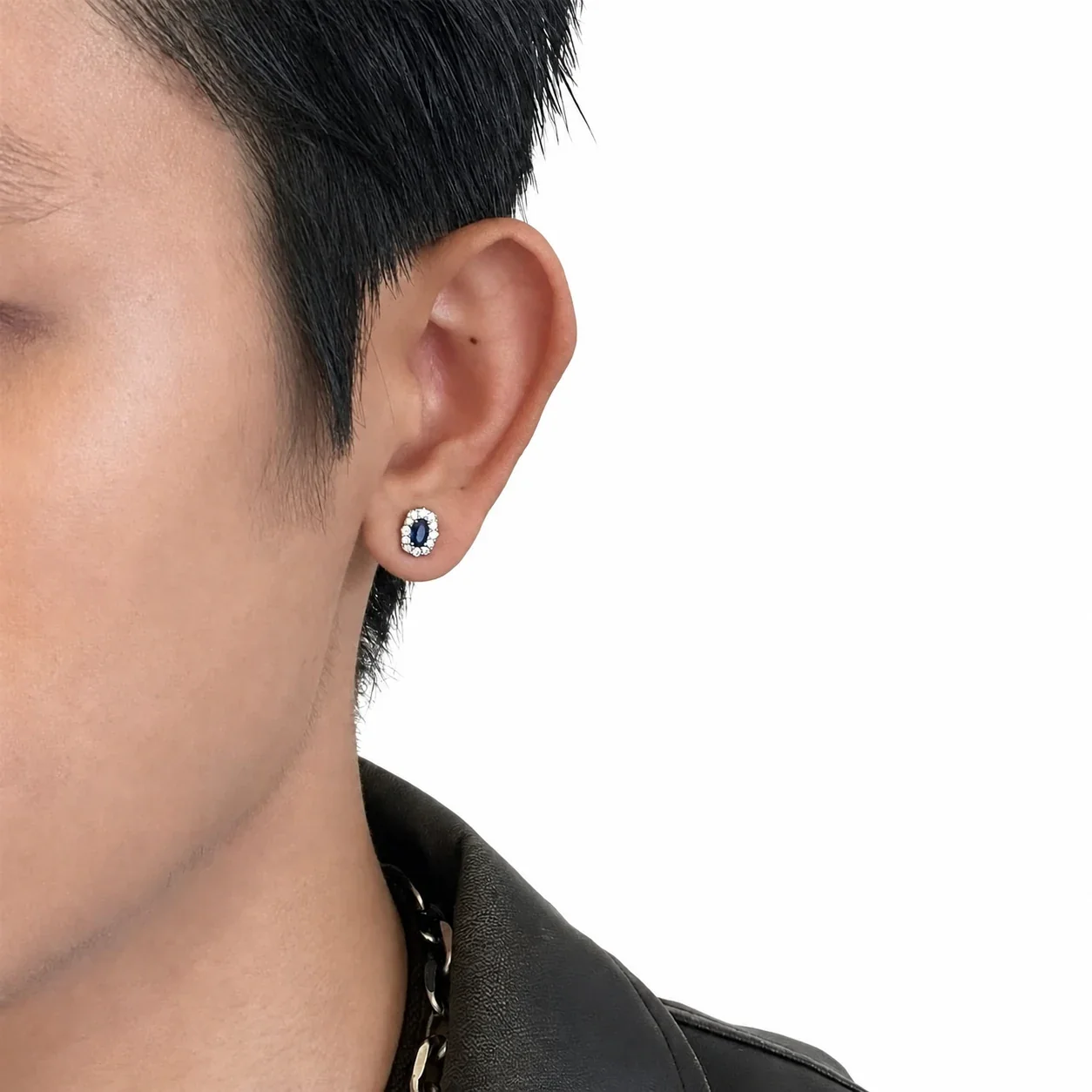 Sleek Silver-Plated Stainless Steel Blue Oval Halo Stud Earrings