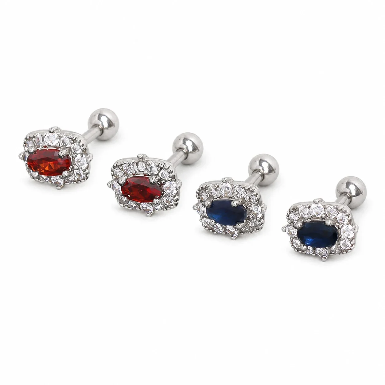 Sleek Silver-Plated Stainless Steel Blue Oval Halo Stud Earrings