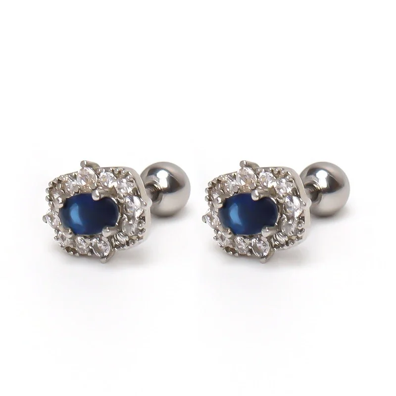 Sleek Silver-Plated Stainless Steel Blue Oval Halo Stud Earrings - Blue