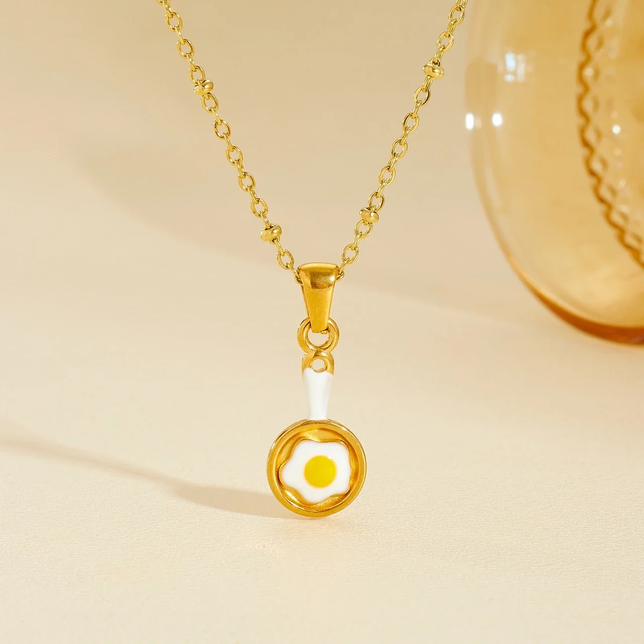 Fried Egg Pan Pendant Necklace, Gold-Plated Stainless Steel