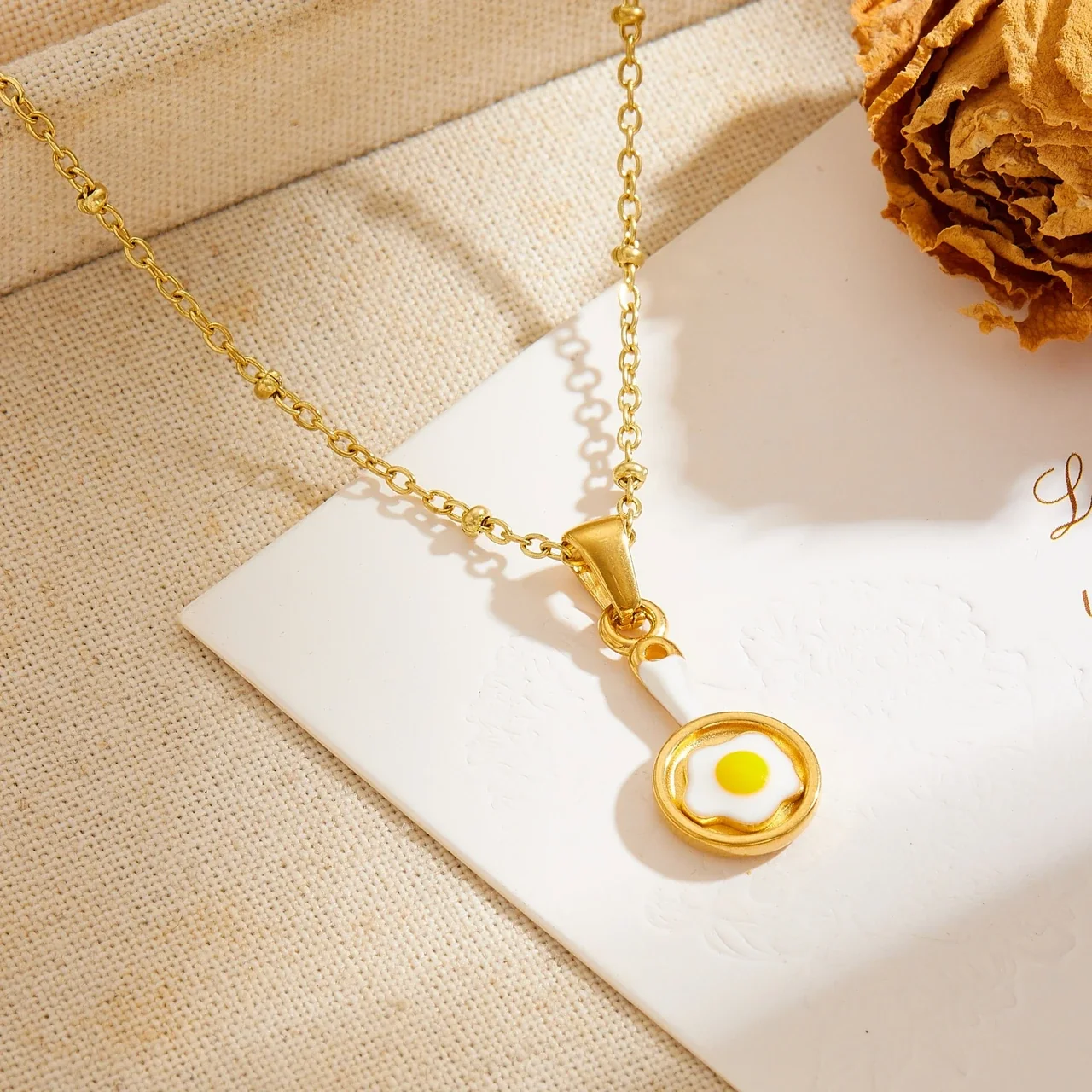 Fried Egg Pan Pendant Necklace, Gold-Plated Stainless Steel