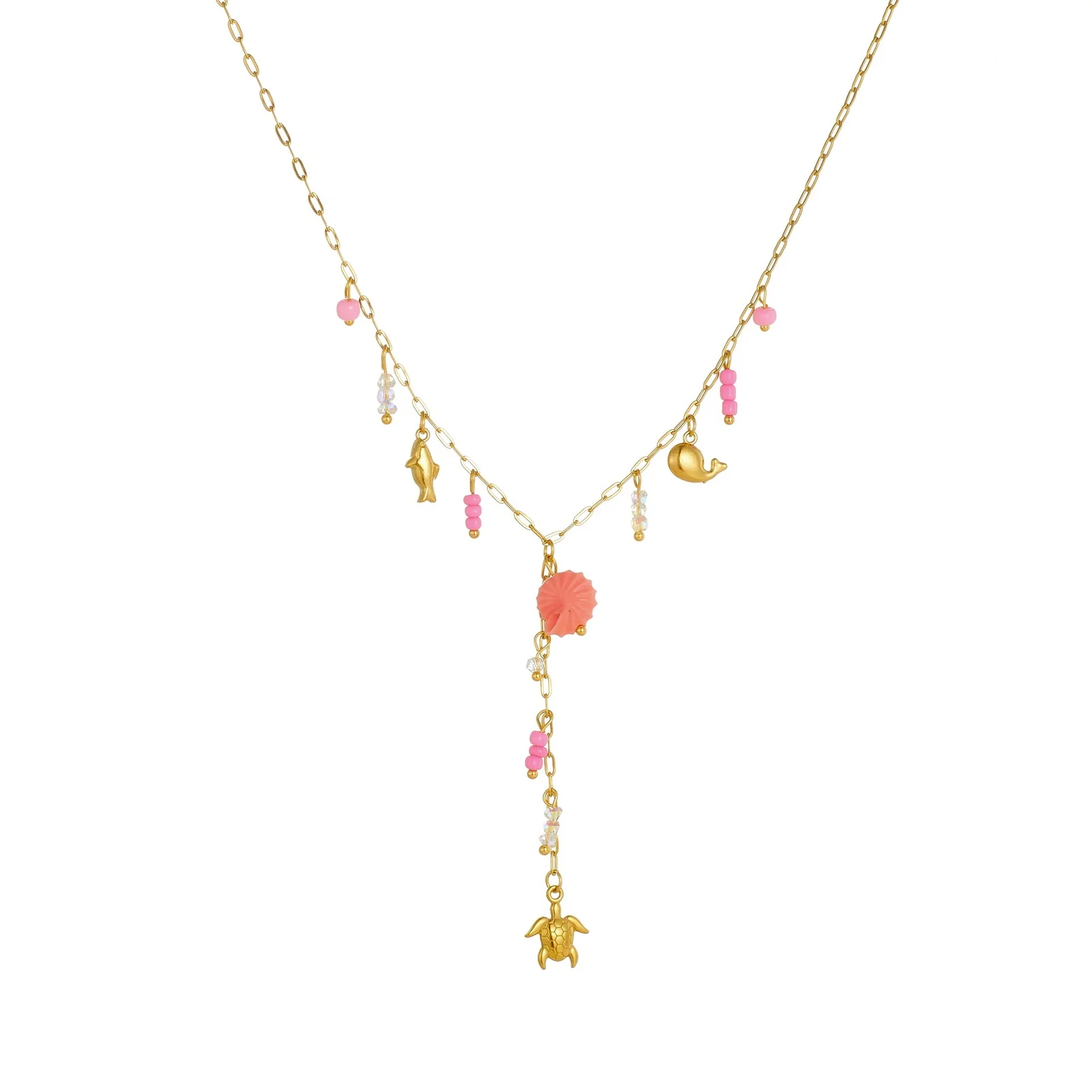 Y-ketting met bedels van zeeschildpad en schelp, verguld productfoto