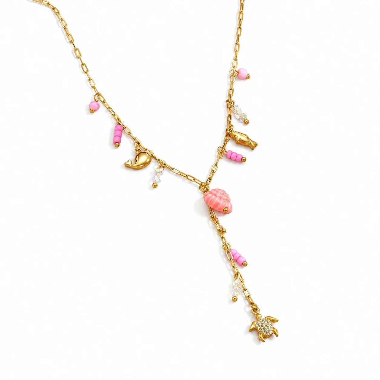 Y-ketting met bedels van zeeschildpad en schelp, verguld productfoto