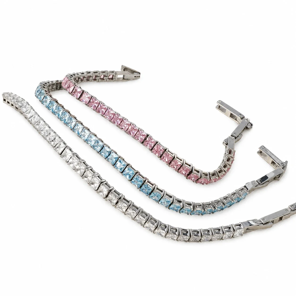 Polished Stainless Steel Square CZ Tennis Bracelet