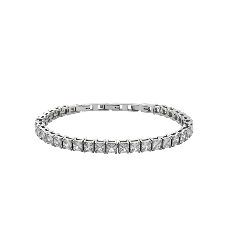 Polished Stainless Steel Square CZ Tennis Bracelet - Silver / Blue