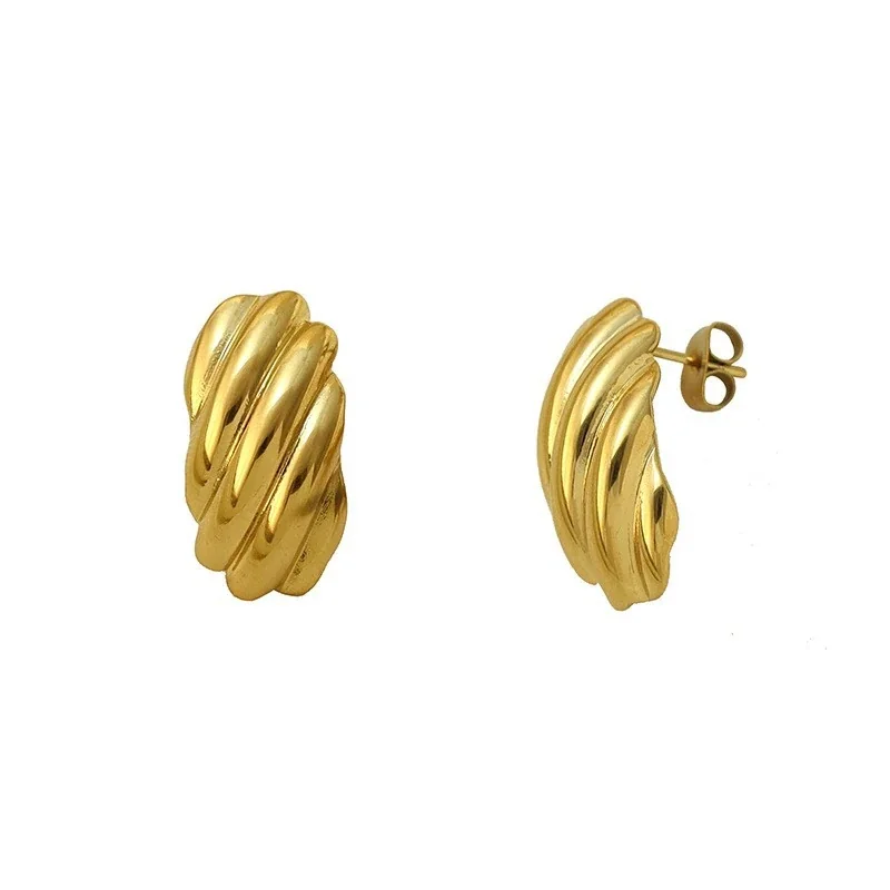 Half Hoop Earrings Ribbed Dome 316 Stainless Steel 18K Gold PVD