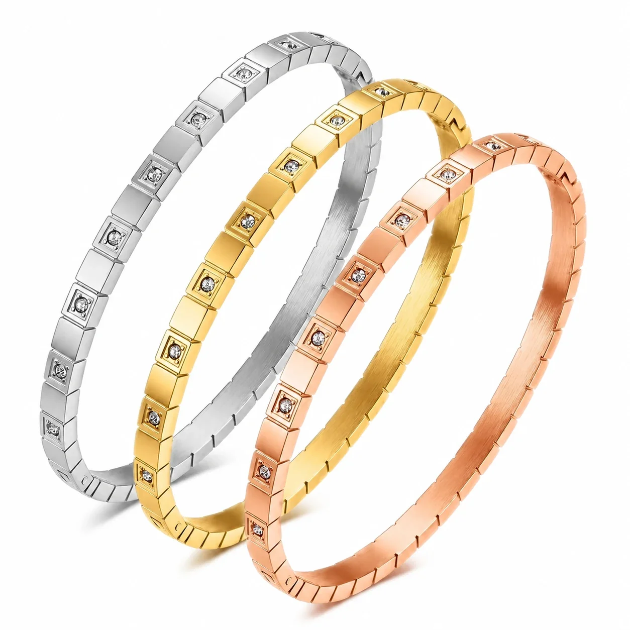 Armring met vierkante kastzettingen met zirkonia, roestvrij staal productfoto