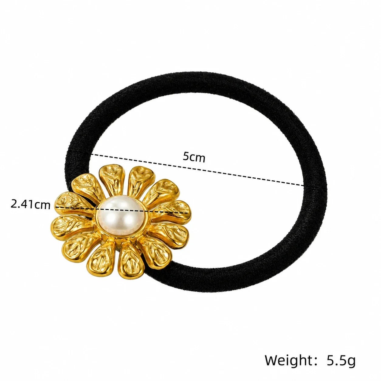 Sunflower Pearl Hair Tie in Gold-Plated Stainless Steel - Gold Open-Petal Sunflower