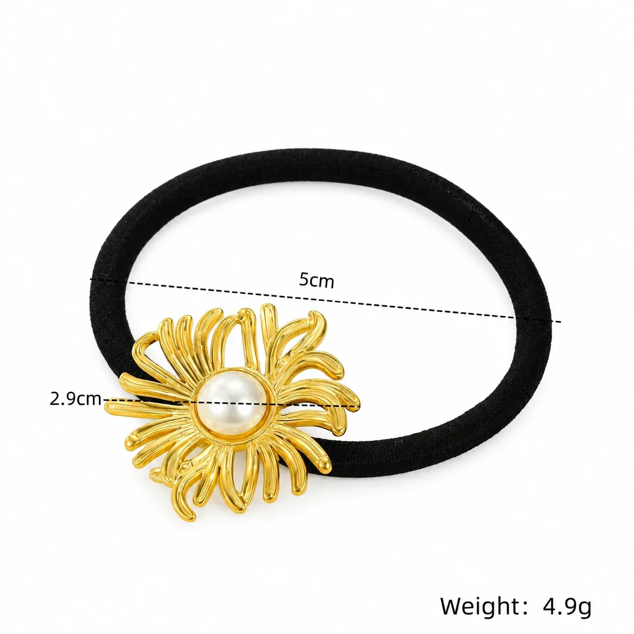 Sunflower Pearl Hair Tie in Gold-Plated Stainless Steel - Gold Teardrop-Petal Sunflower