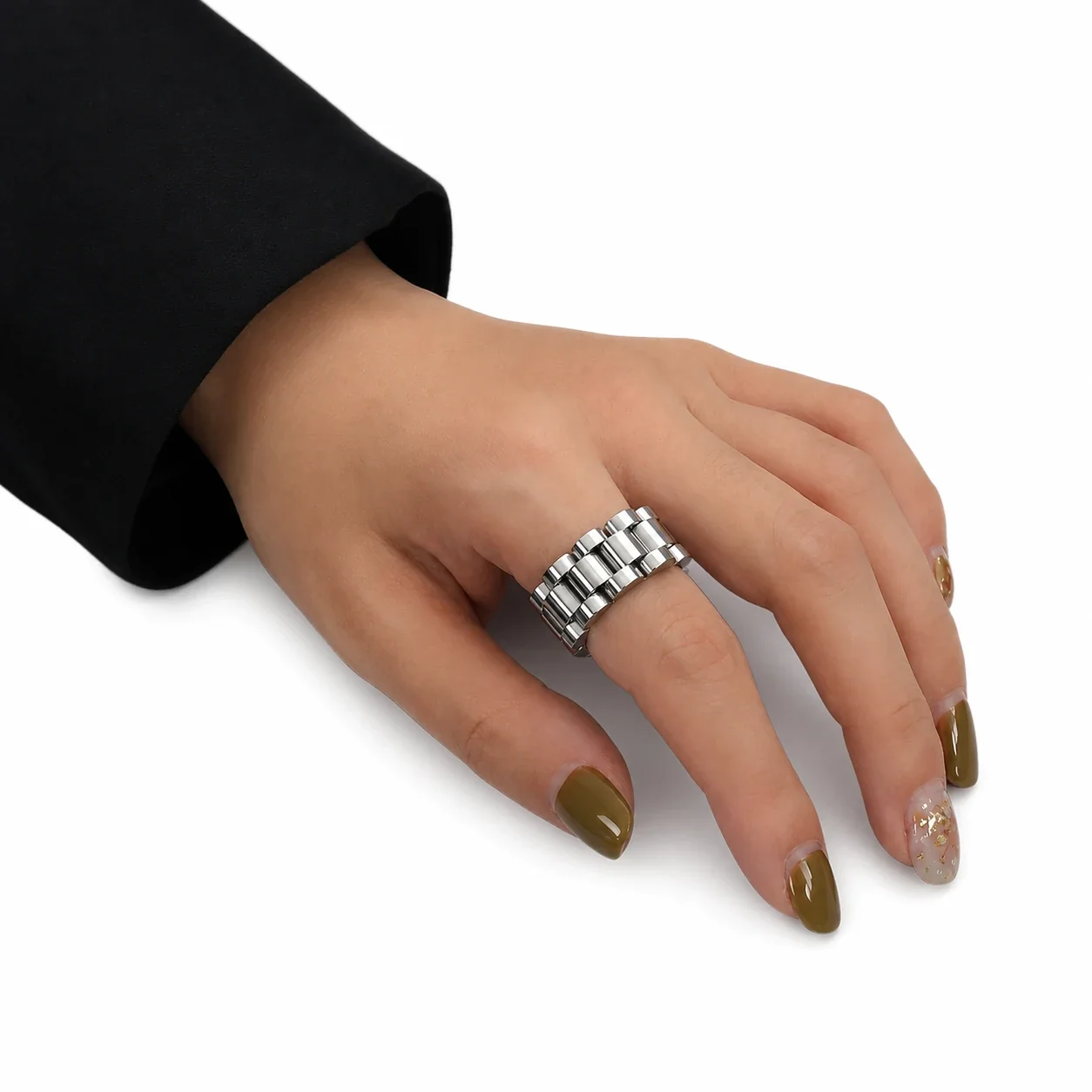 Sculptural 316 Stainless Steel Link Band Ring - Silver