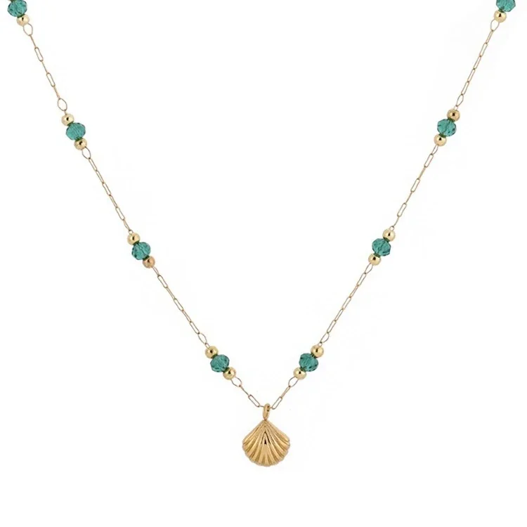 French 18K Gold-Plated Shell Green Crystal Pendant Necklace