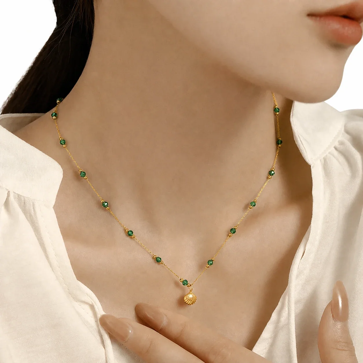French 18K Gold-Plated Shell Green Crystal Pendant Necklace