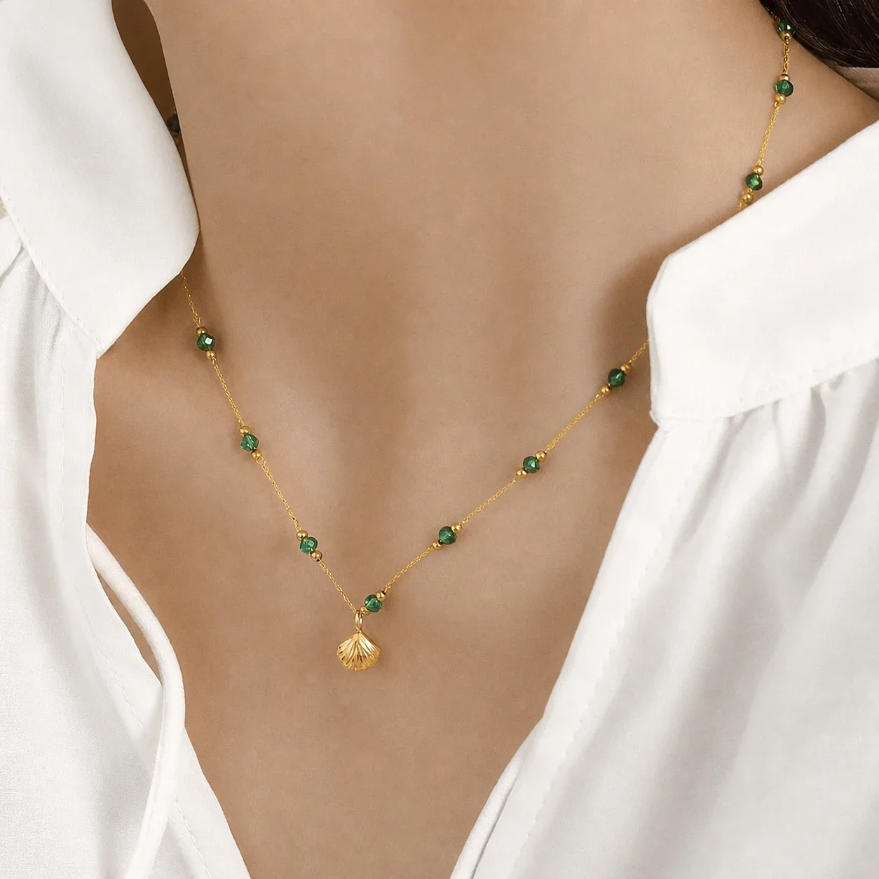 French 18K Gold-Plated Shell Green Crystal Pendant Necklace