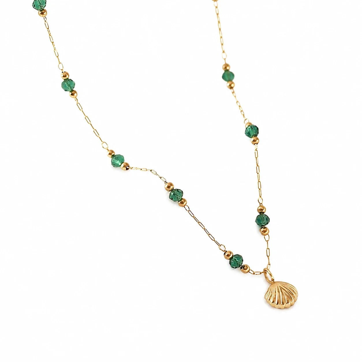 French 18K Gold-Plated Shell Green Crystal Pendant Necklace