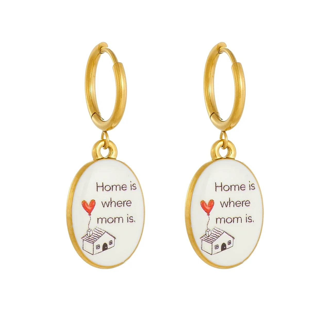 Hoop Earrings with Oval Mom Message Enamel Charms, Gold-Plated