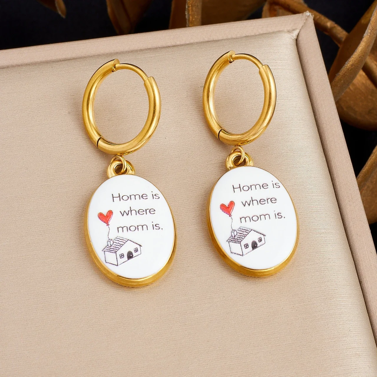 Hoop Earrings with Oval Mom Message Enamel Charms, Gold-Plated