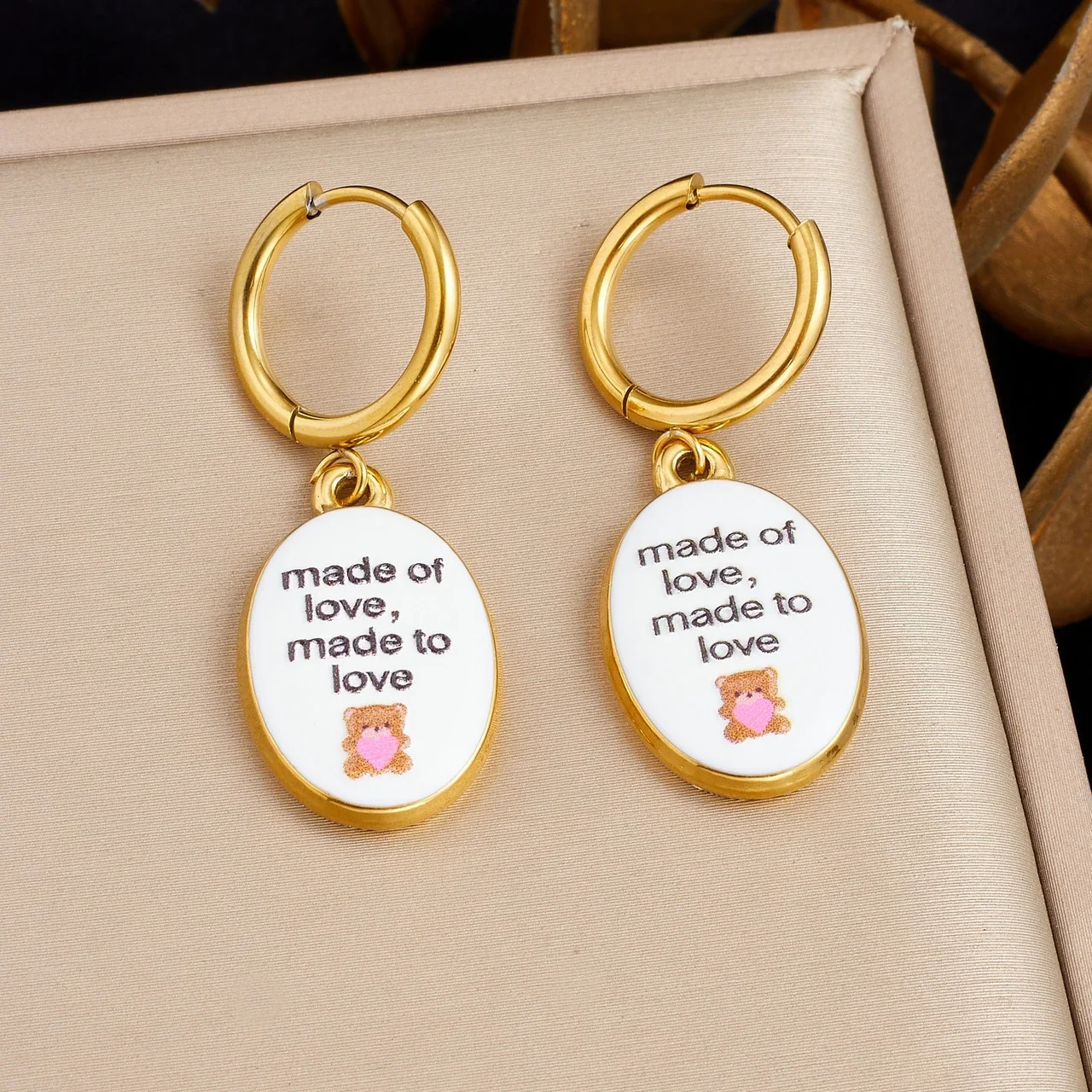 Hoop Earrings with Oval Mom Message Enamel Charms, Gold-Plated
