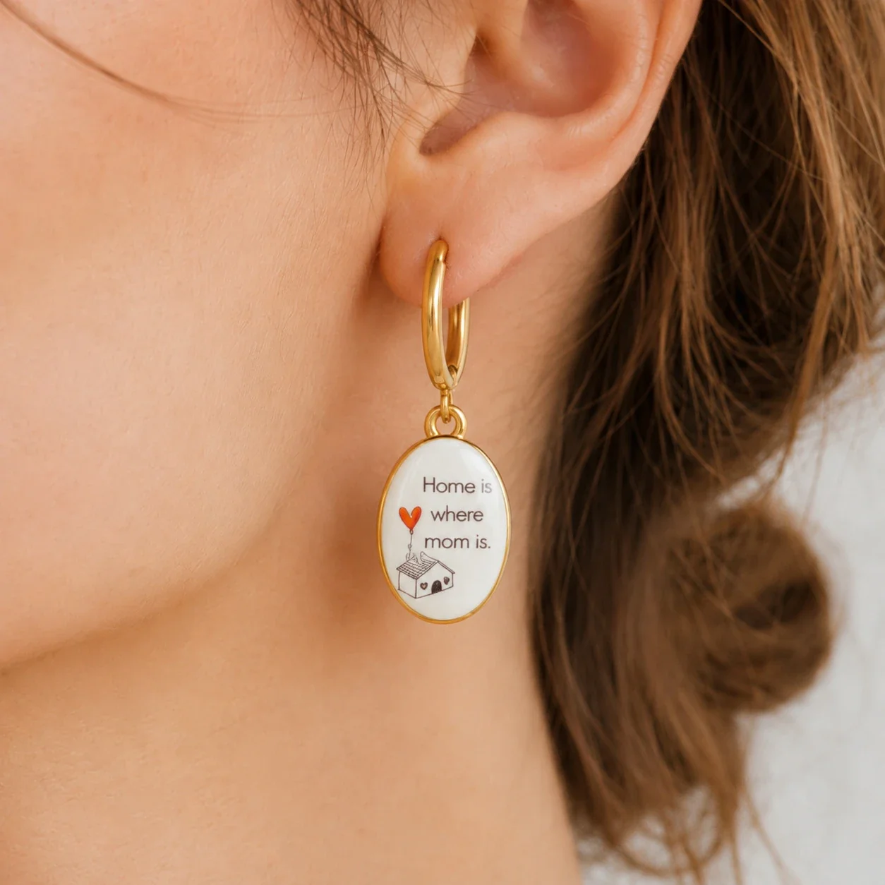 Hoop Earrings with Oval Mom Message Enamel Charms, Gold-Plated