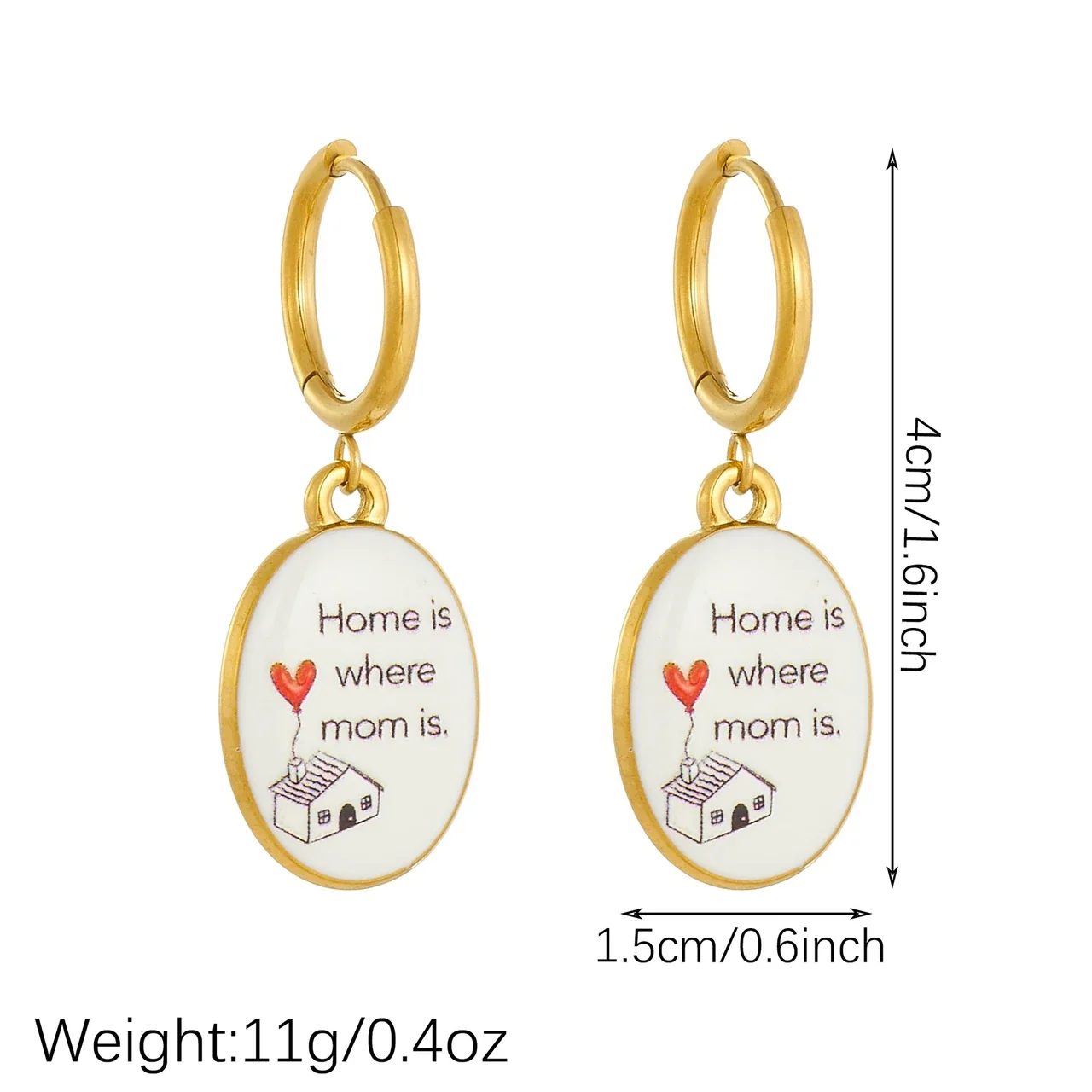 Hoop Earrings with Oval Mom Message Enamel Charms, Gold-Plated