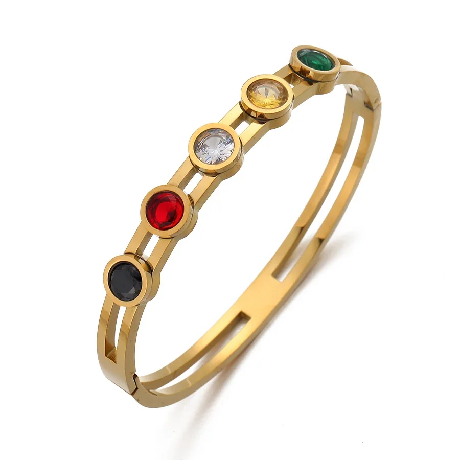Bangle Bracelet with Five Round Crystals, Gold-Plated Steel