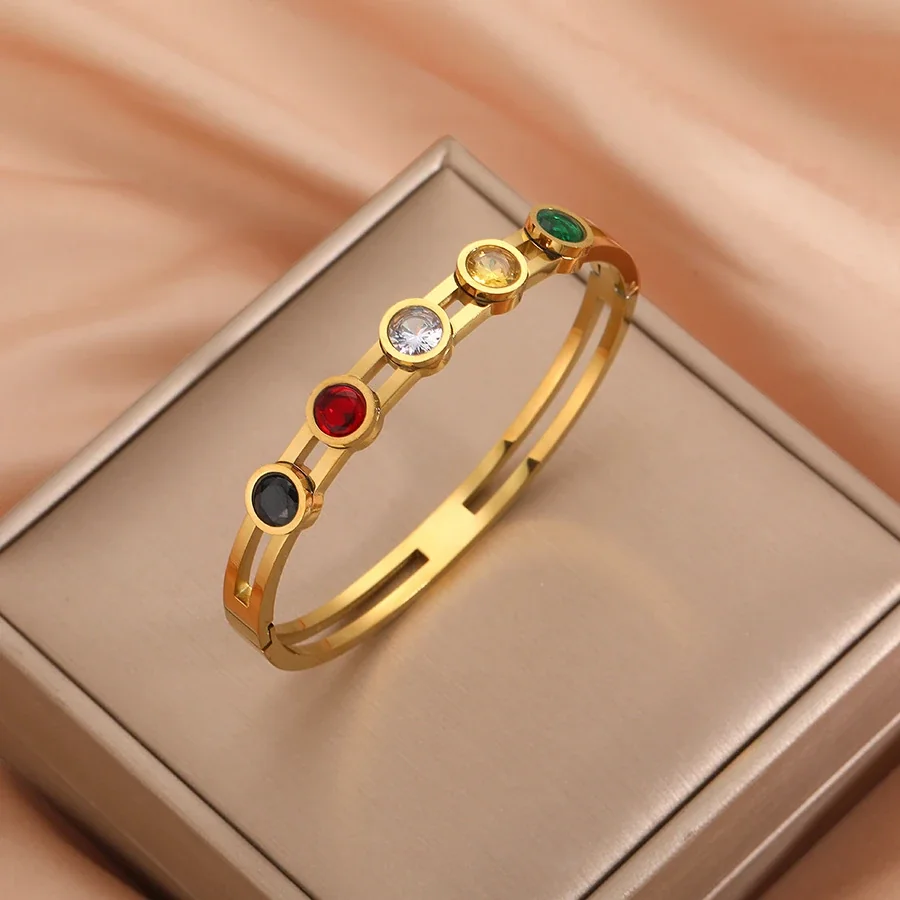 Bangle Bracelet with Five Round Crystals, Gold-Plated Steel