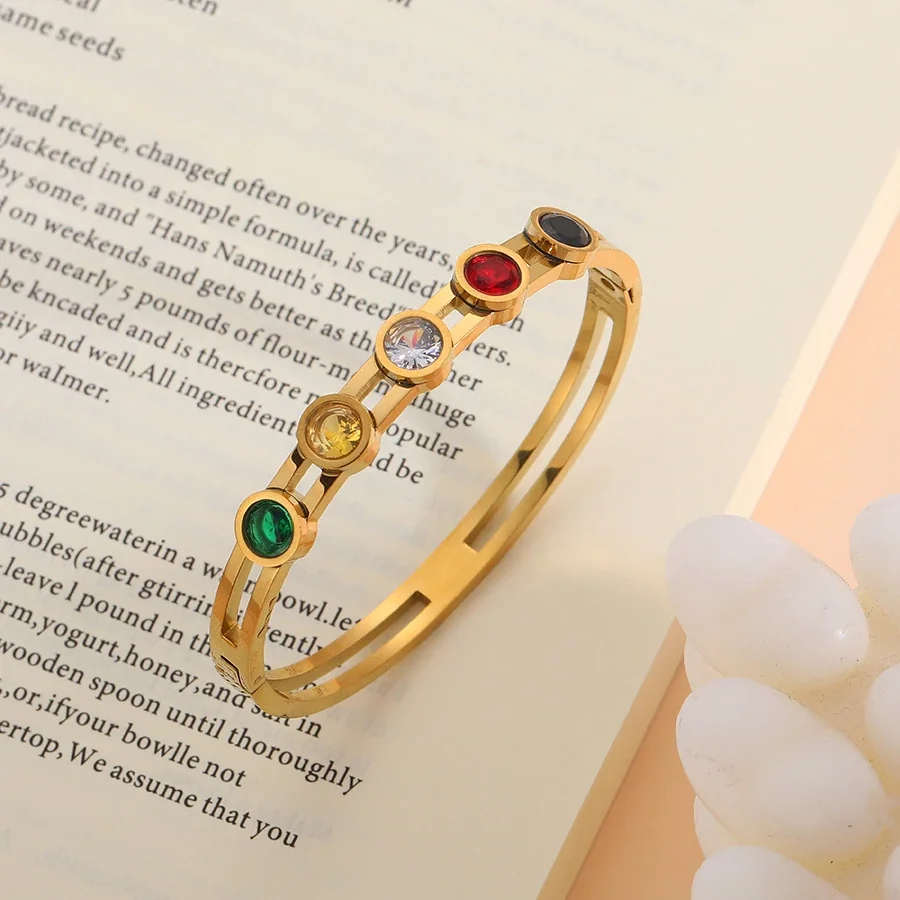 Bangle Bracelet with Five Round Crystals, Gold-Plated Steel