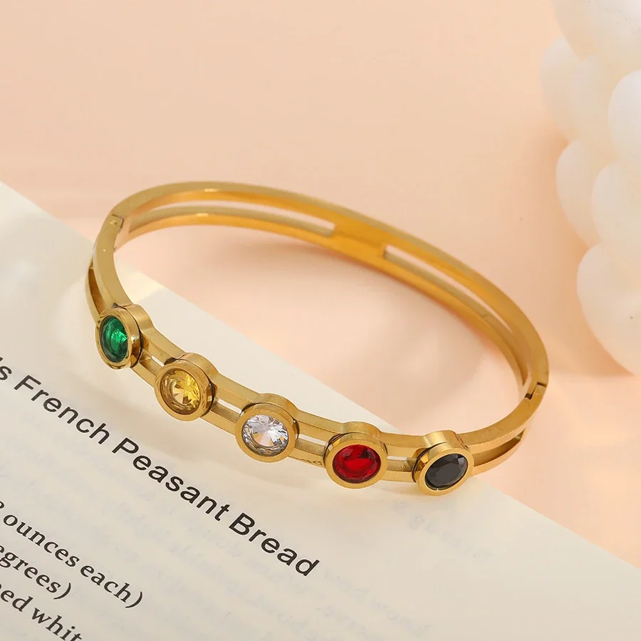 Bangle Bracelet with Five Round Crystals, Gold-Plated Steel