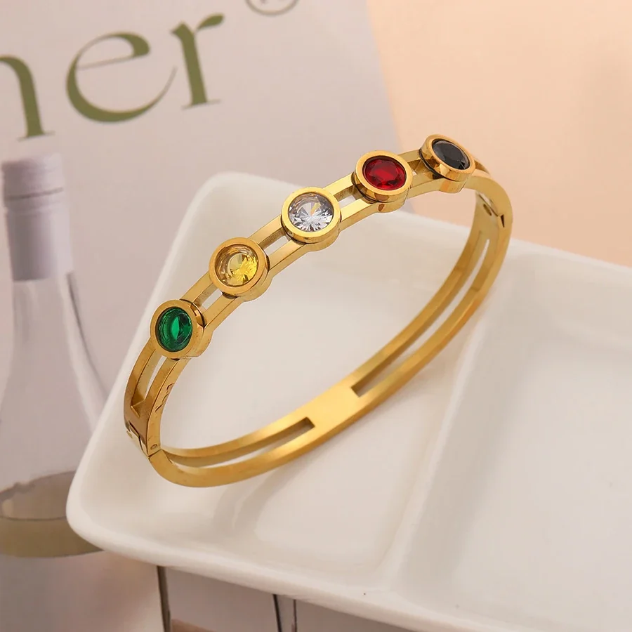 Bangle Bracelet with Five Round Crystals, Gold-Plated Steel