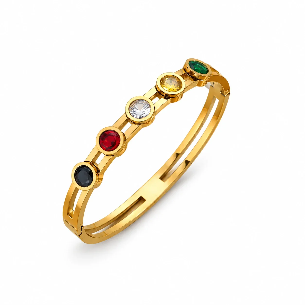 Bangle Bracelet with Five Round Crystals, Gold-Plated Steel - Gold