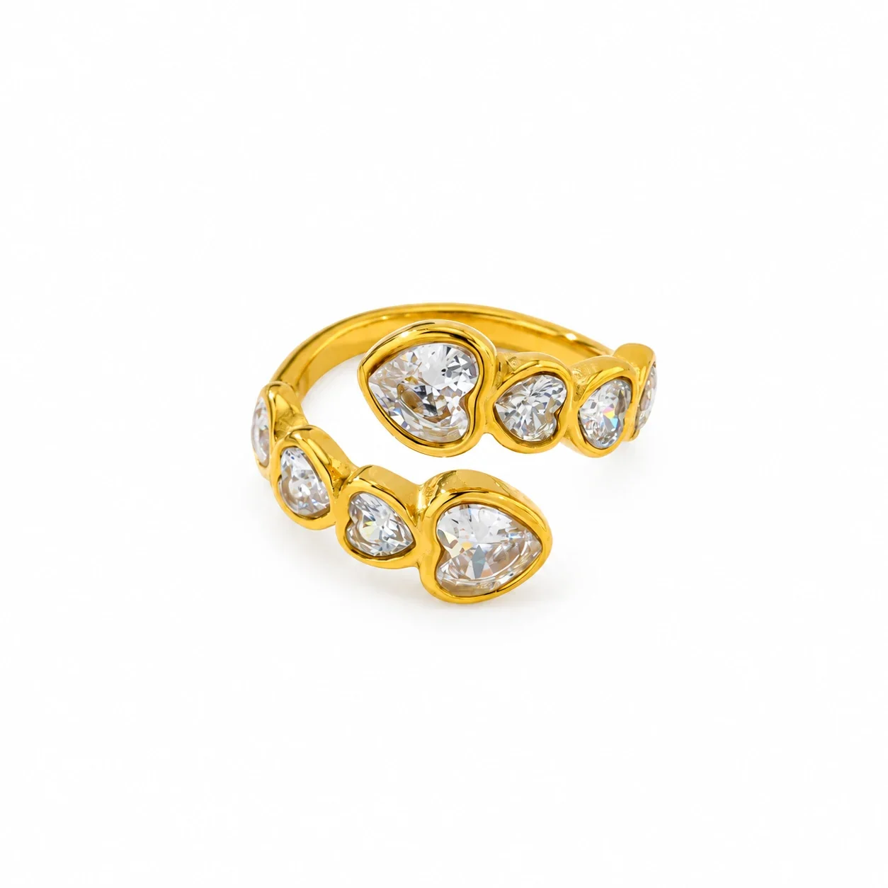 Heart Cluster Ring with Bezel-Set CZ, Gold-Plated Steel - White Heart CZ