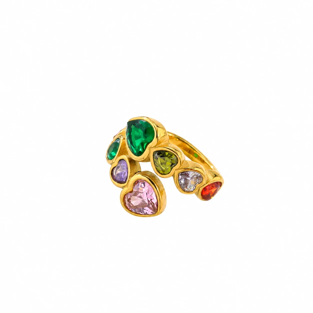 Heart Cluster Ring with Bezel-Set CZ, Gold-Plated Steel - Colorful Heart CZ