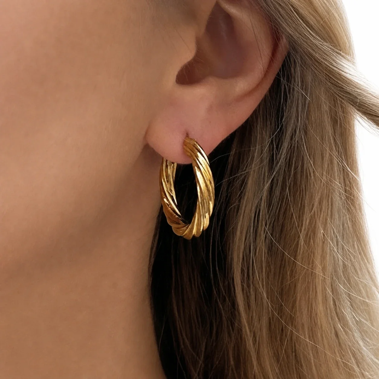 Sculpted 18K Gold-Plated Twisted Ridged Hoop Earrings