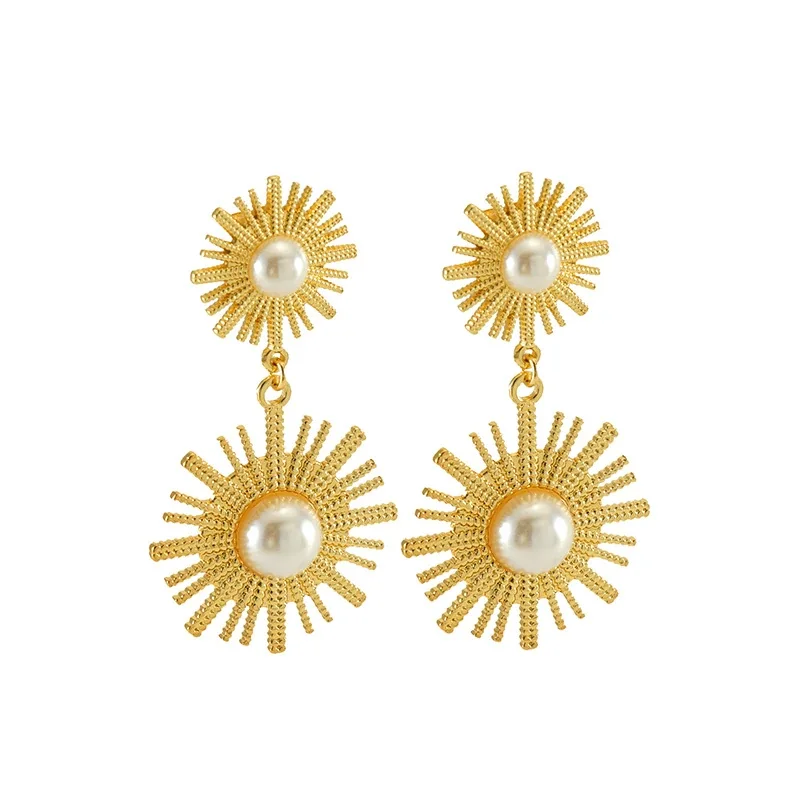 Drop Earrings with Double Sunburst Pearl Motifs, Gold-Plated