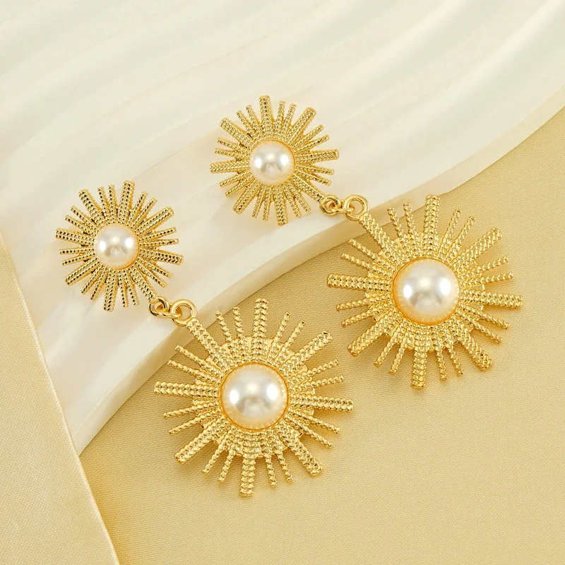 Drop Earrings with Double Sunburst Pearl Motifs, Gold-Plated
