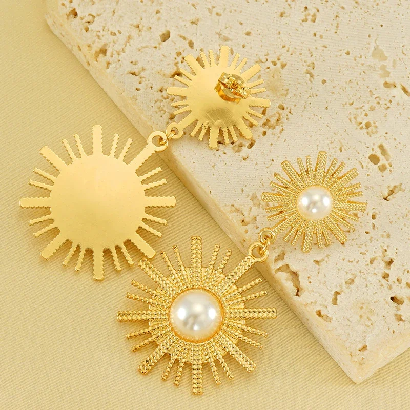 Drop Earrings with Double Sunburst Pearl Motifs, Gold-Plated