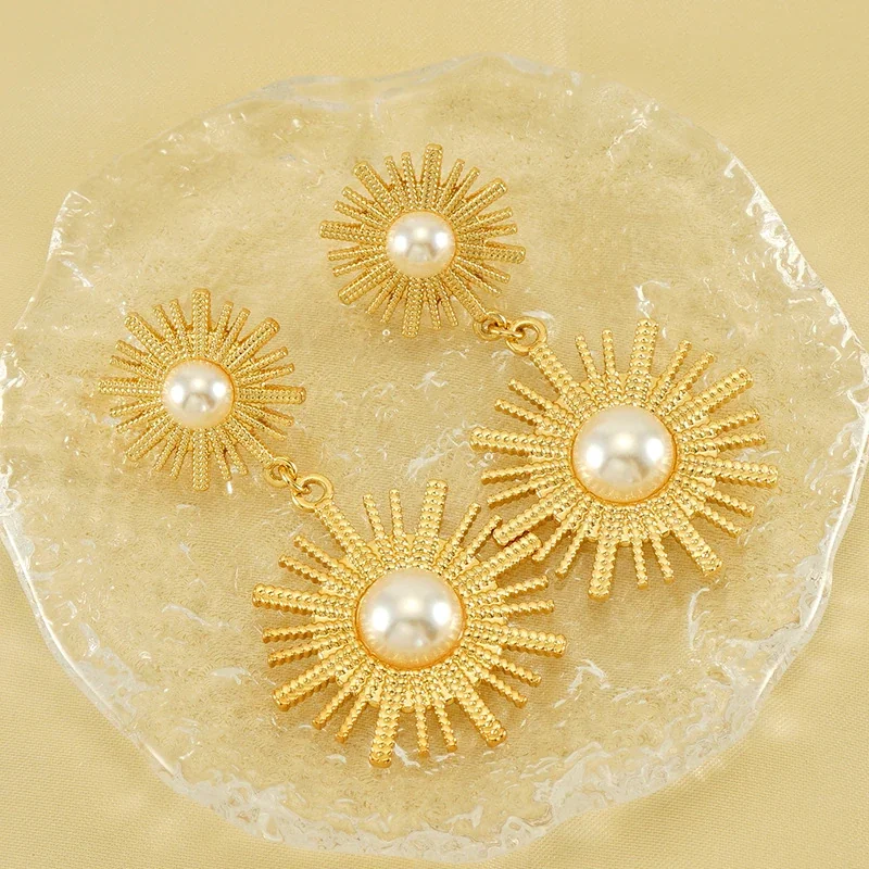 Drop Earrings with Double Sunburst Pearl Motifs, Gold-Plated