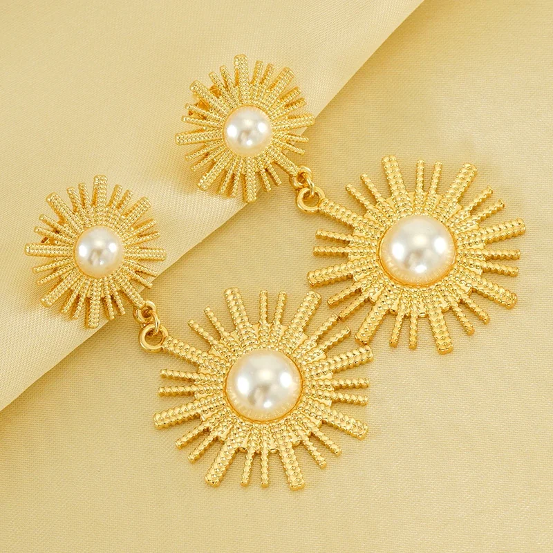 Drop Earrings with Double Sunburst Pearl Motifs, Gold-Plated