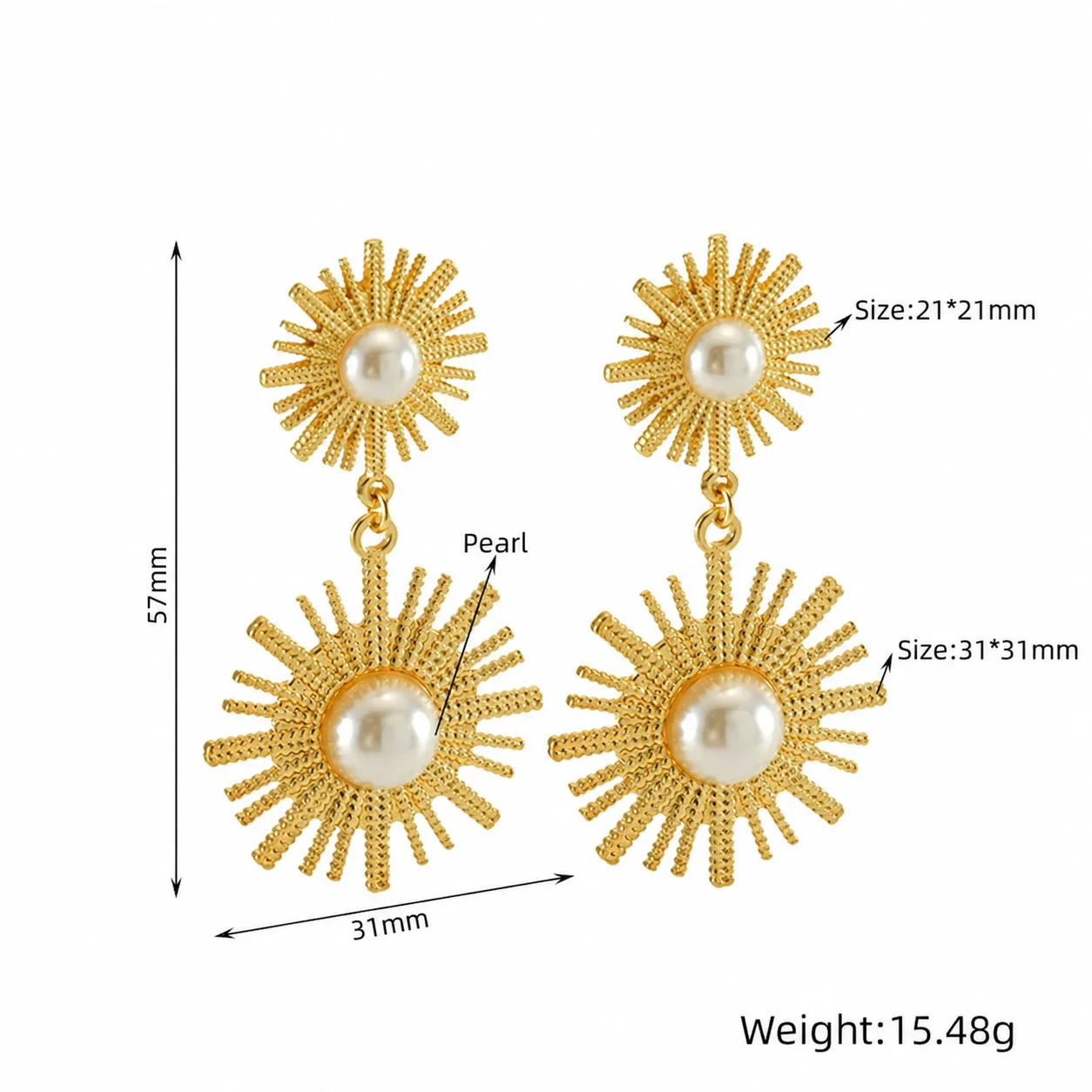 Drop Earrings with Double Sunburst Pearl Motifs, Gold-Plated - Gold