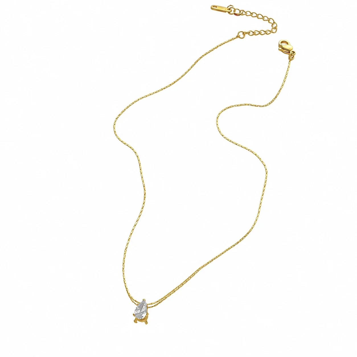 Necklace with Teardrop CZ and Star Chain, Stainless Steel - Gold