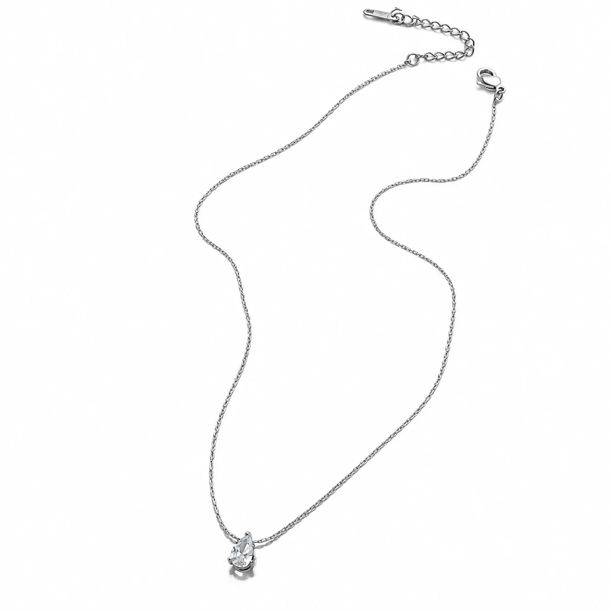 Necklace with Teardrop CZ and Star Chain, Stainless Steel - Silver