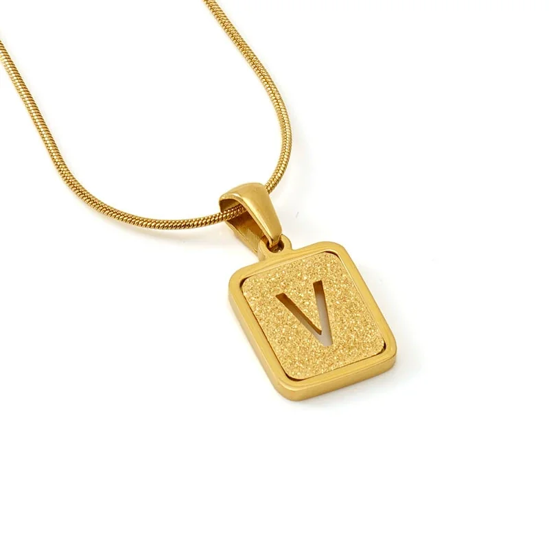 Brushed Gold PVD Initial Snake Chain Pendant Necklace - V