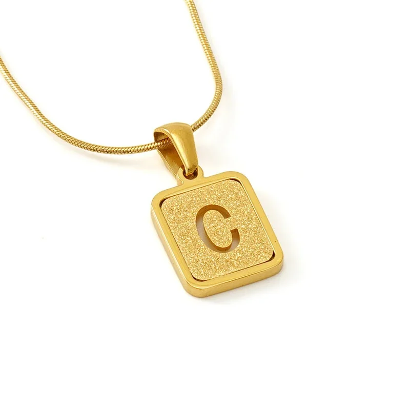 Brushed Gold PVD Initial Snake Chain Pendant Necklace - C